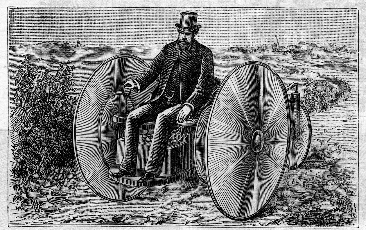 Aplicación de baterías Faure: triciclo eléctrico movido por el acumulador. Grabado en “Le Monde Illustré”. de Unknown artist