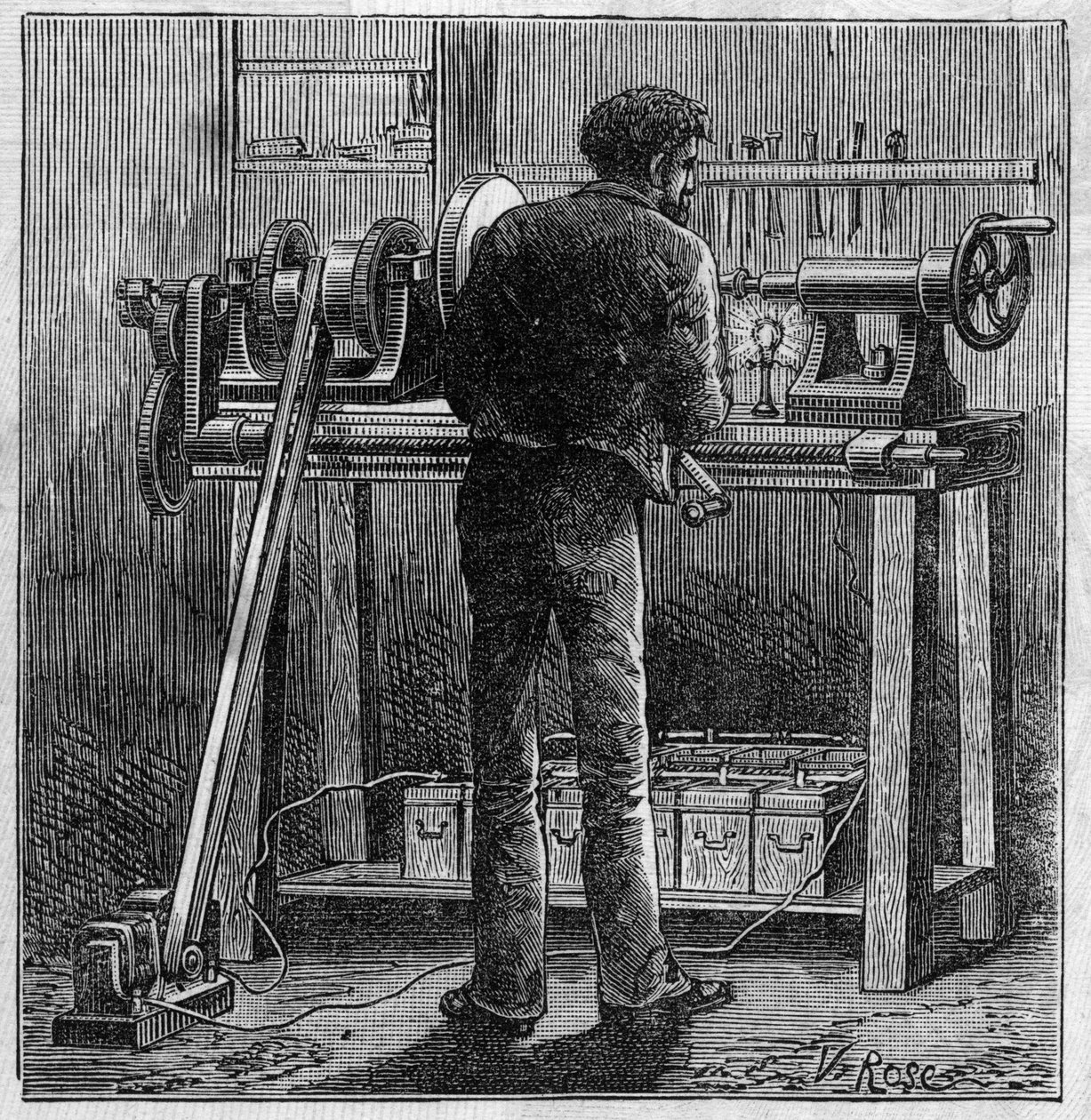 Aplicación de baterías Faure: torno de un artesano alimentado por el acumulador. Grabado en "Le Monde Illustré" de Unknown artist