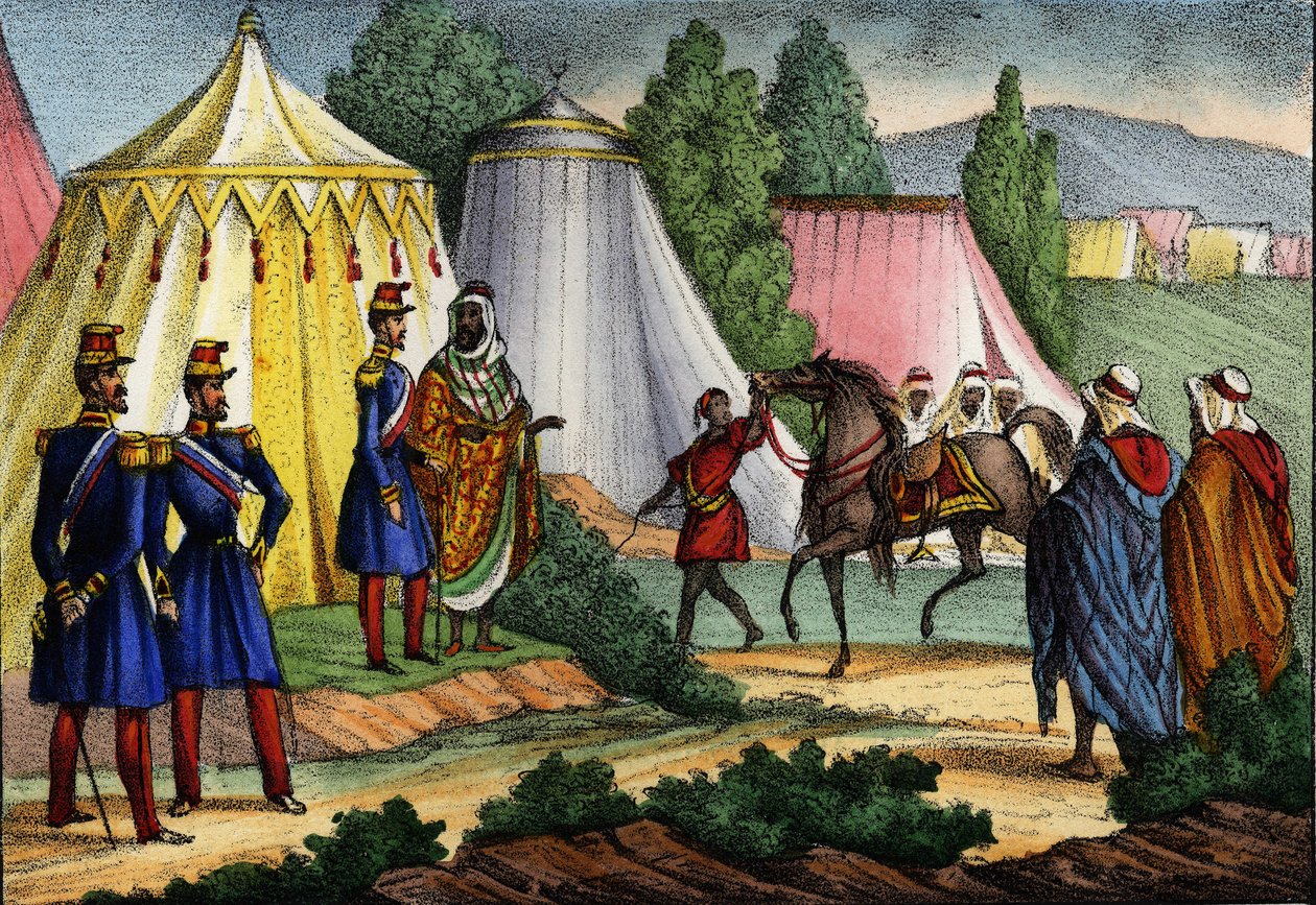 Líder árabe ofreciendo un caballo a un oficial del ejército francés de África, Argelia de Unknown artist