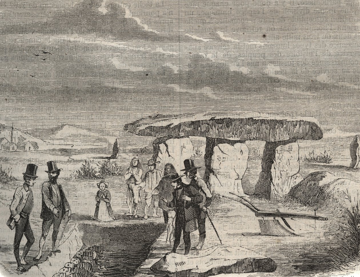 Excavaciones arqueológicas: descubrimiento de tumbas galas cerca del Dolmen de la Pierre aux Fées en el Oise (60). Grabado de 1856 en "Le Musée Des Sciences". de Unknown artist
