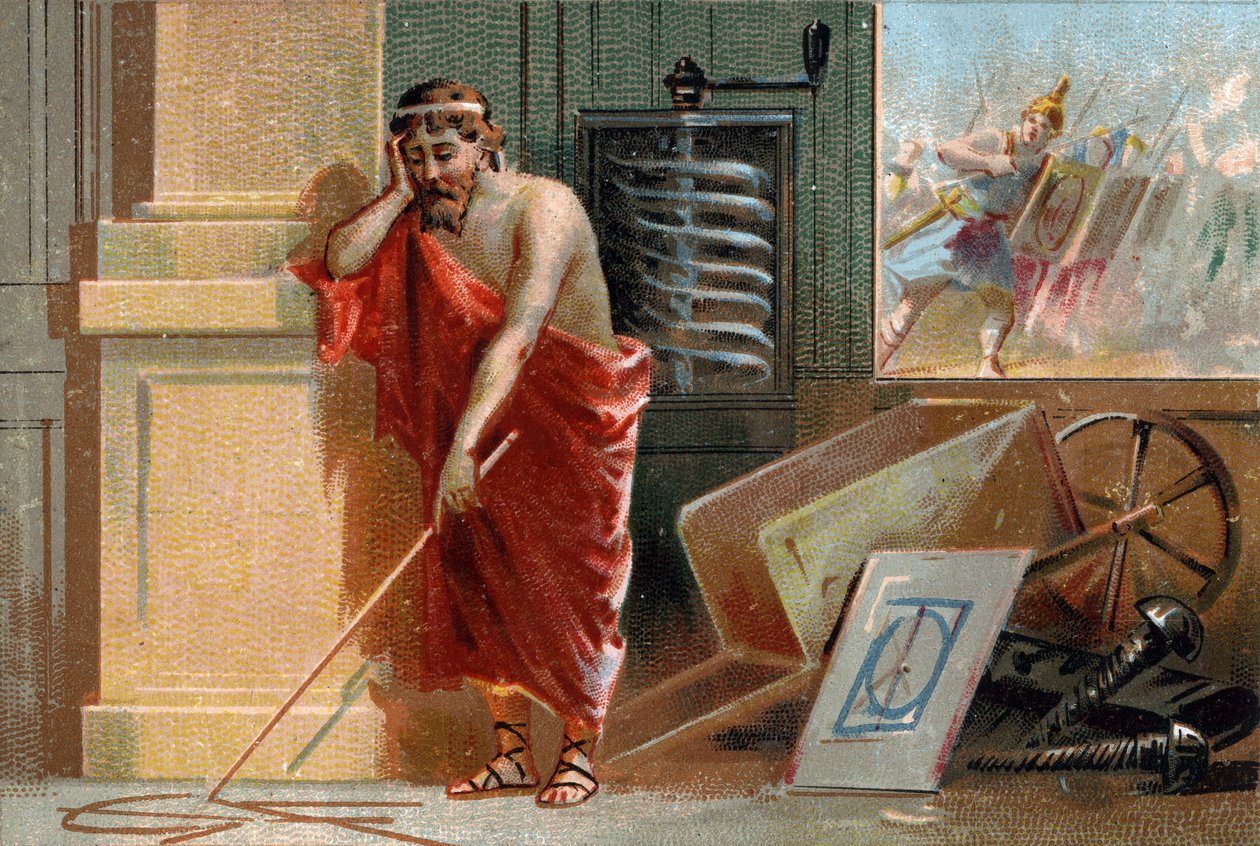 Arquímedes de Siracusa (287-212 a.C.) trazando formas geométricas en el suelo, pronto detenido por soldados romanos al fondo de la escena. En su taller se pueden reconocer sus diversas invenciones: el tornillo y la carretilla. Cromolitografía del siglo XIX de Unknown artist