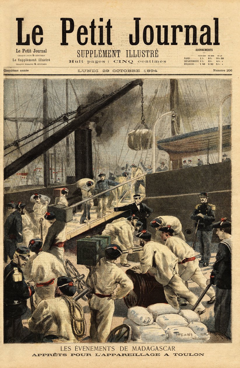 Armamentos en Toulon de los cruceros Dupetit-Thouars y Laperouse, y embarque de 15,000 tropas, para una expedición a Madagascar, por decisión de Theophile Delcasse (1852-1923) ministro colonial. Grabado en "Le petit journal" 29/10/1894. Colección de Selva de Unknown artist