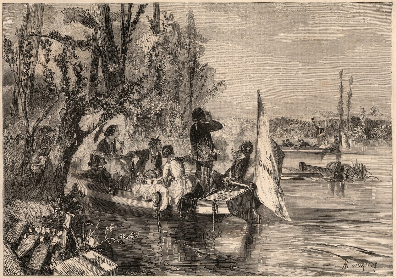 Alrededor de París en 1857. Los canoístas en Asnières. Grabado en “Le Monde illustrious” de 1857. Colección privada. de Unknown artist