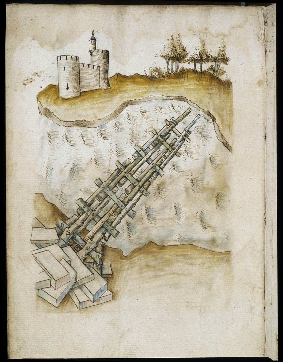 Disposición de un puente de madera - Manuscrito: hoja de pergamino de un manual de ingeniero para la construcción de edificios civiles, religiosos y militares, anónimo, finales del siglo XV (figura en tinta china) de Unknown artist