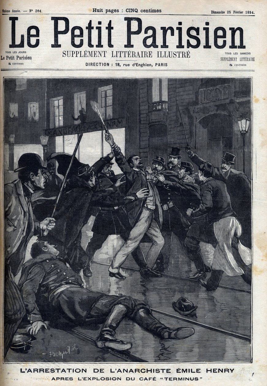 Arresto del anarquista Emile Henry (1872-1894) después de la explosión del café "Terminus" en París. Grabado en "Le Parisien" de Unknown artist