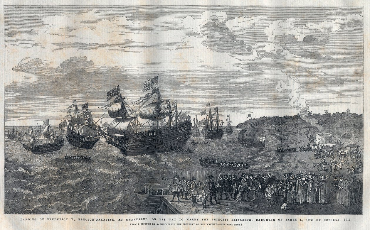 Llegada de Federico V del Palatinado (1596-1632) al puerto de Gravesend para casarse con la princesa Isabel de Inglaterra (1596-1662), hija del rey Jacobo I (1566-1625) el 16 de octubre de 1612. Fue recibido por James Hay (1er Conde de Carlisle) (circa 158 de Unknown artist