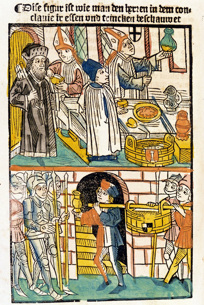 Llegada de alimentos para que los miembros del Concilio de Constanza (1417) durante el cual fue elegido el Papa Martín V pudieran comer. “Das Concilium”. de Unknown artist