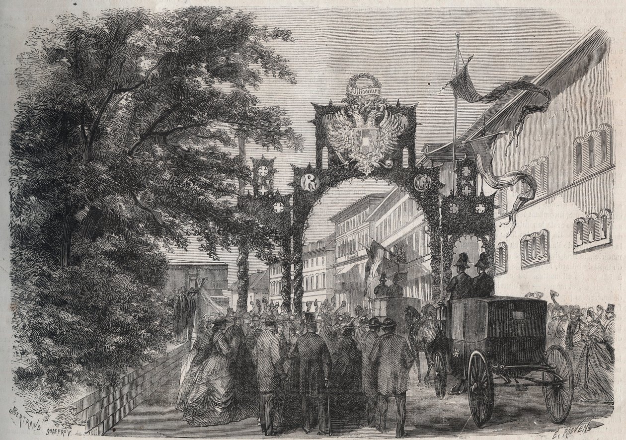 Llegada de la Emperatriz Isabel de Austria (Sissi) a Bad Kissingen (Spa) en 1865 - grabado en 