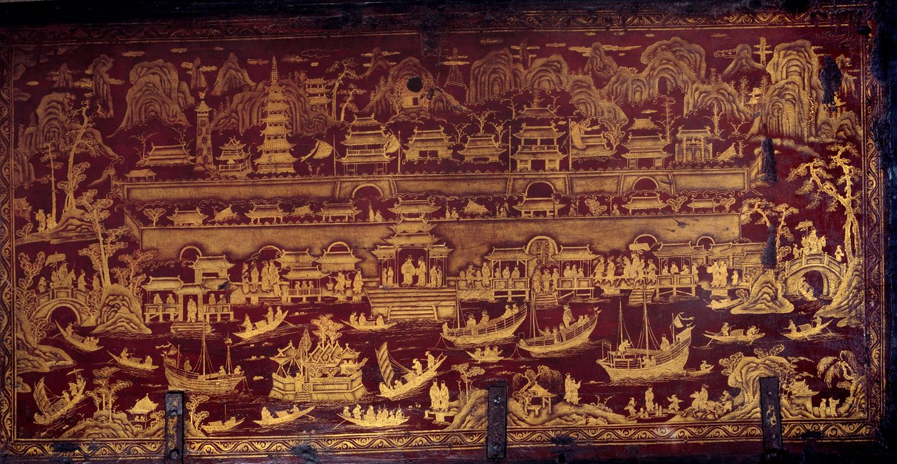 Llegada de los portugueses a Nanjing (Nanjing o Namquin), China. Tapa de caja cubierta con pintura roja y dorada. Siglo XVII. Porto, Museo Nacional de Unknown artist