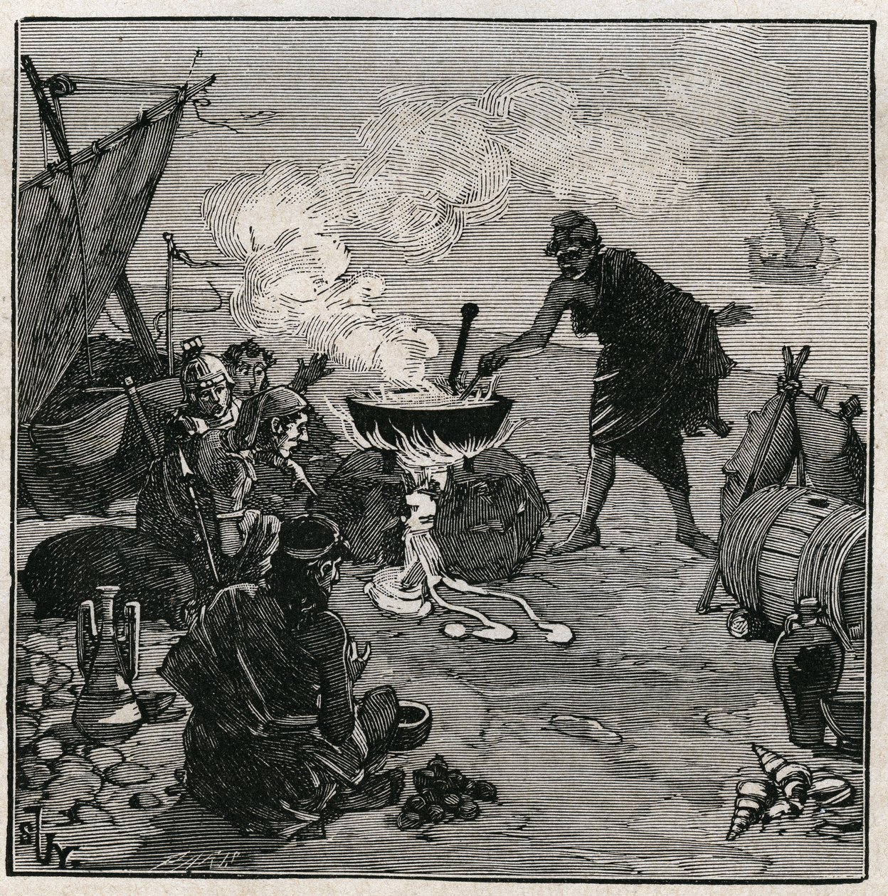 Arte del vidrio: vitrificación descubierta según Plinio el Viejo (23-79 d.C.). En la antigüedad, los comerciantes naufragaron en una playa con plantas de Kali entre los combustibles. Estas plantas proporcionan suficiente soda para producir vidrio al mezcla de Unknown artist