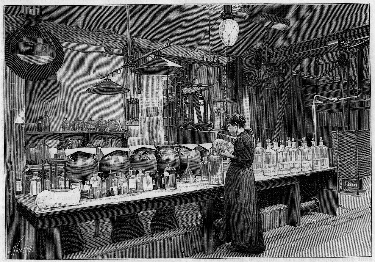 El arte de la fotografía: fabricación de placas fotográficas en M. Lumière, en Lyon: preparación de emulsión sensible. Grabado en “La Nature: revue des sciences et de leurs applications aux arts et a l