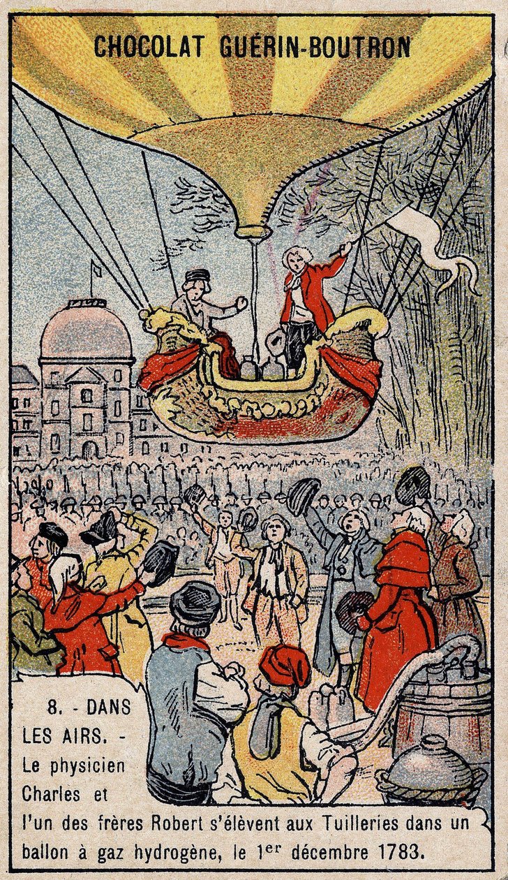 Ascensión en un globo de gas hidrógeno de los aeronautas franceses Charles y Robert le Jeune, realizada en París, en el Jardín de las Tullerías. 1 de diciembre de Unknown artist
