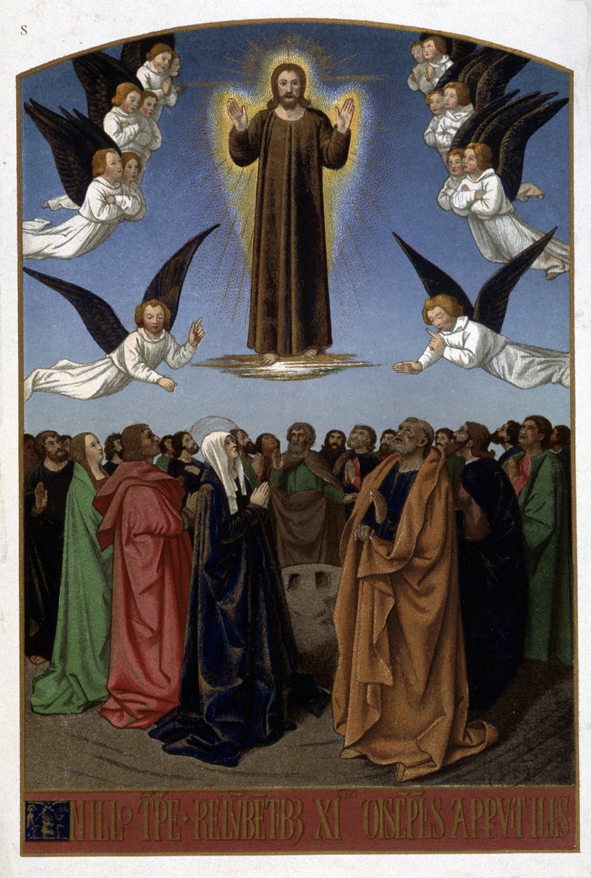 Ascensión de Cristo (Ángeles, José, la Virgen), s.f. de documento del siglo XVI de Unknown artist