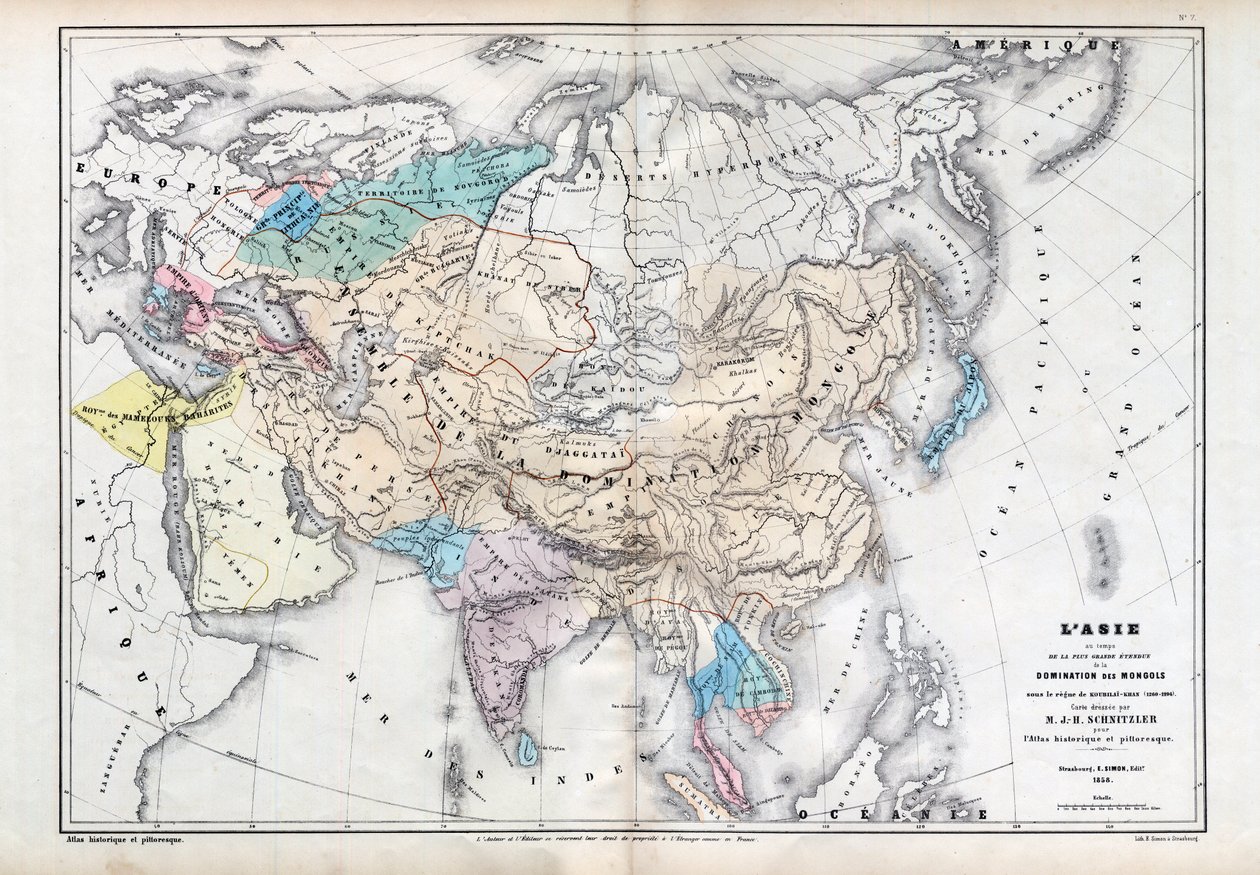 Asia en la época de la mayor extensión de la dominación mongola bajo el gobierno de Qubilai (Kubilai Khan) (1260-1294) - Mapa preparado por M J-H Schnitzler, Atlas Histórico y Pintoresco 1857 de Unknown artist