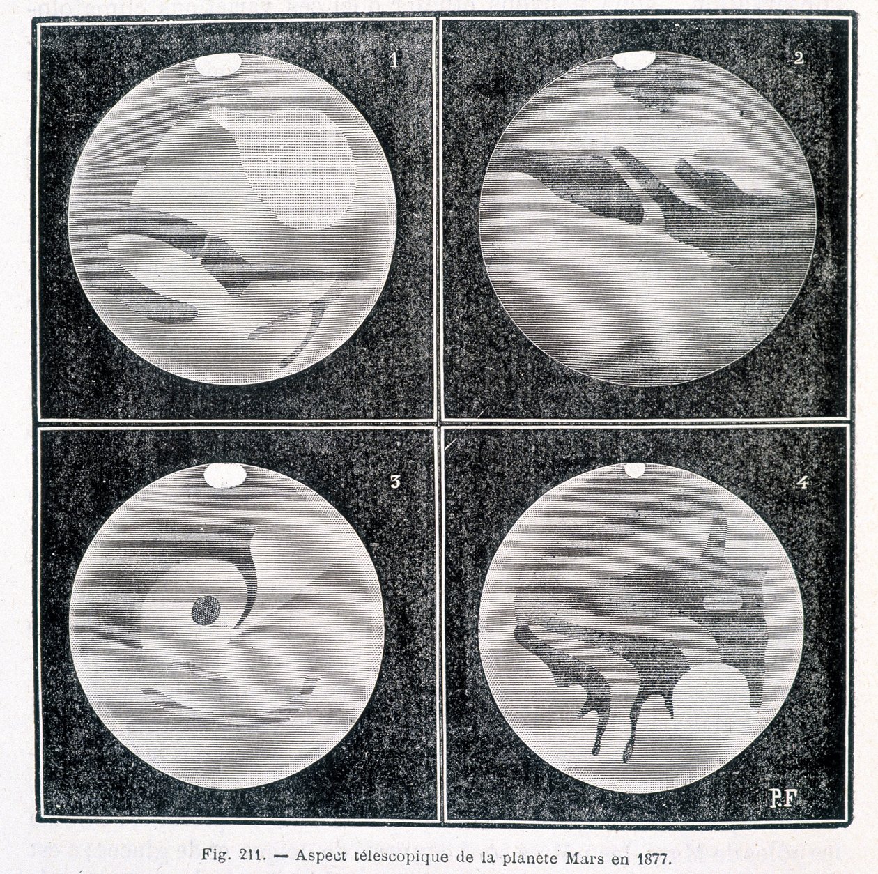 Aspectos telescópicos del planeta Marte en 1877 - en "Astronomía Popular" por Camille Flammarion, ed. Marpon & Flammarion de Unknown artist
