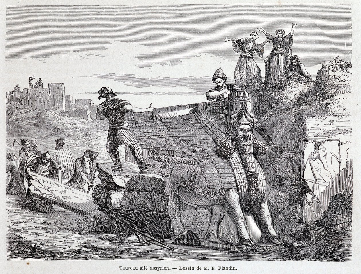 Toro alado asirio en el sitio de Nínive - en “Tour du monde” 1er sem. 1863 de Unknown artist