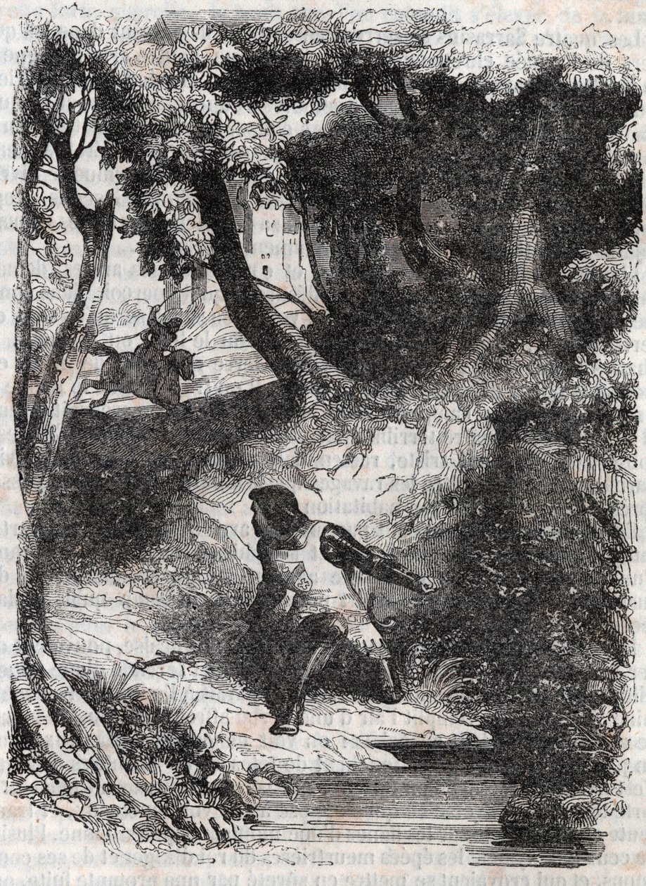 Astolfo al borde de una fuente - grabado de 1851 de “Roland Furioso” (Orlando furioso) (siglo XVI) de Ludovico Ariosto, conocido como el Ariosto - Edición traducida del italiano por el Conde de Tressan y publicada por Gustave Harvard. de Unknown artist