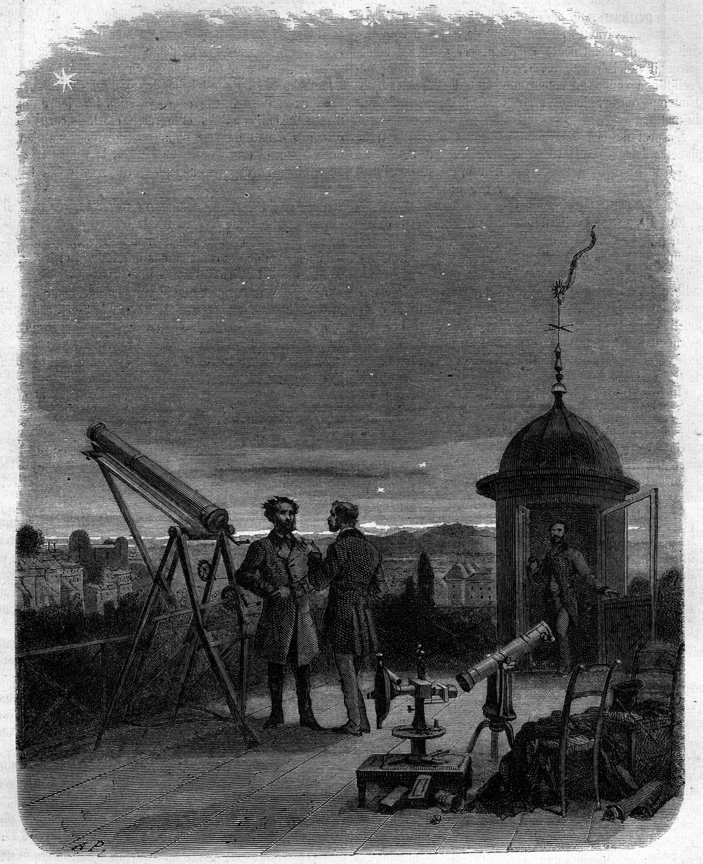Astrónomos observando con sus telescopios astronómicos el planeta Mercurio en el cielo de París, 17 de febrero de Unknown artist