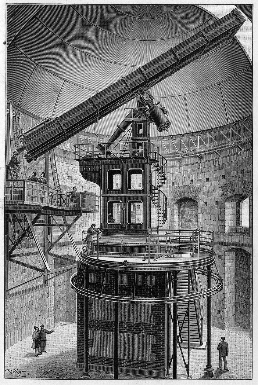 Gafas astronómicas del Sr. Janssen, miembro del Instituto, director del Observatorio de Astronomía Física en Meudon. Grabado en "La Naturaleza: revista de ciencias y sus aplicaciones a las artes y a la industria" del 9 de mayo de 1896 de Unknown artist