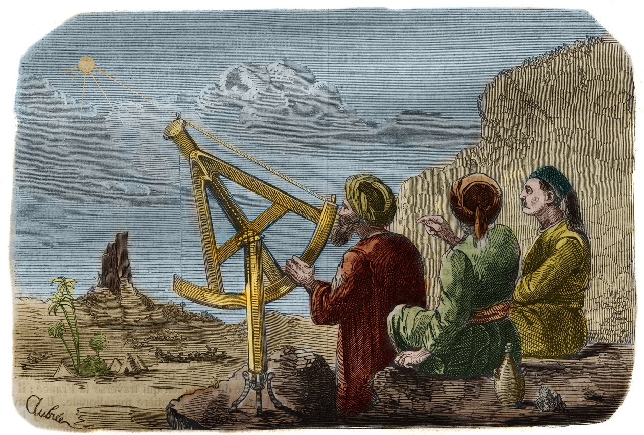 Astronomía: Científicos árabes midiendo la altura del Sol en la llanura de Babilonia alrededor del año 825. Usan un cuarto de círculo con pínulas. Grabado de 1857 en "Le Musee Des Sciences" de Unknown artist