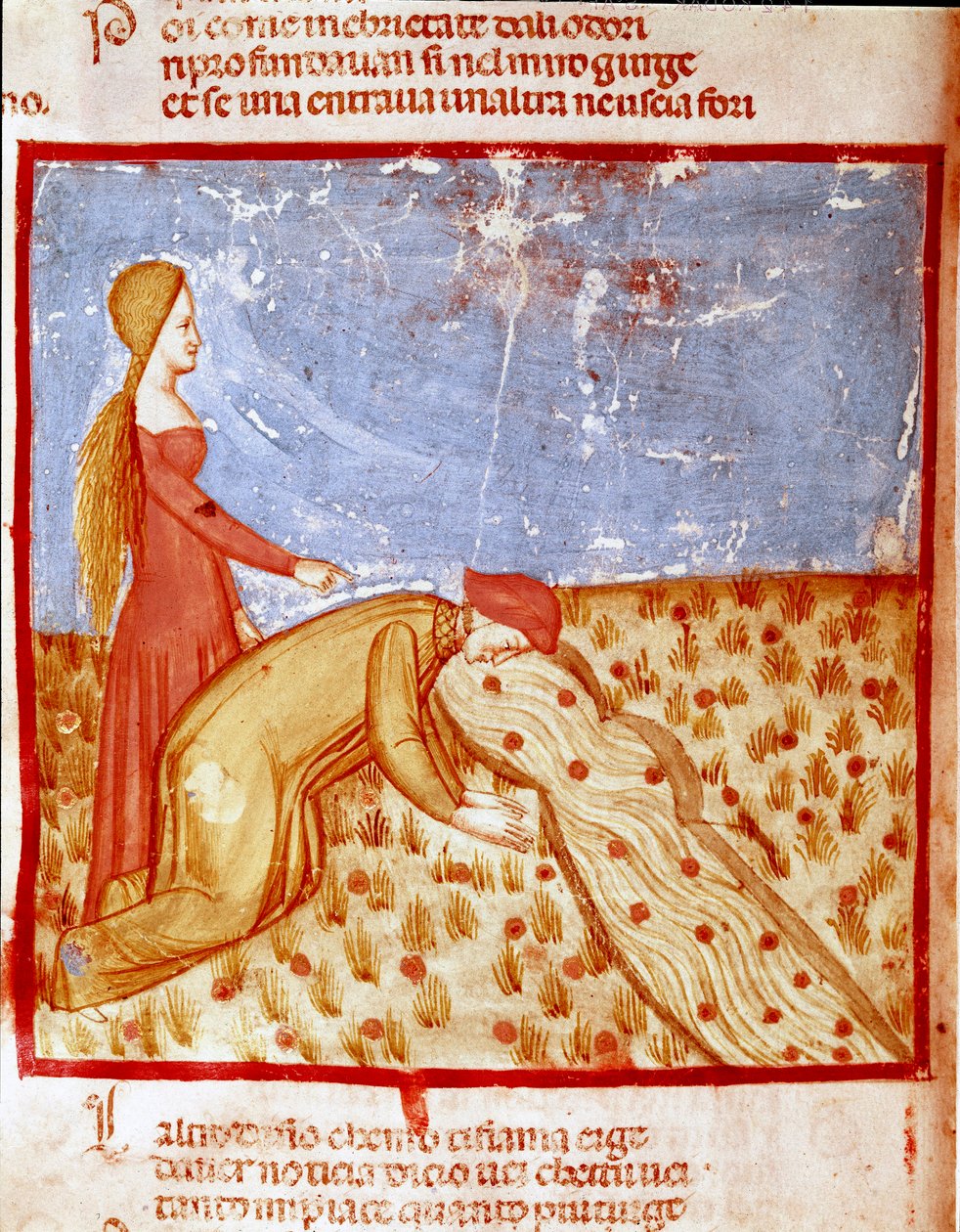 A la entrada del Paraíso, Dante se encuentra con Matelda y bebe agua del río Eunoe, que hace recordar las cosas buenas realizadas. Página iluminada que ilustra un canto del Paraíso de la 