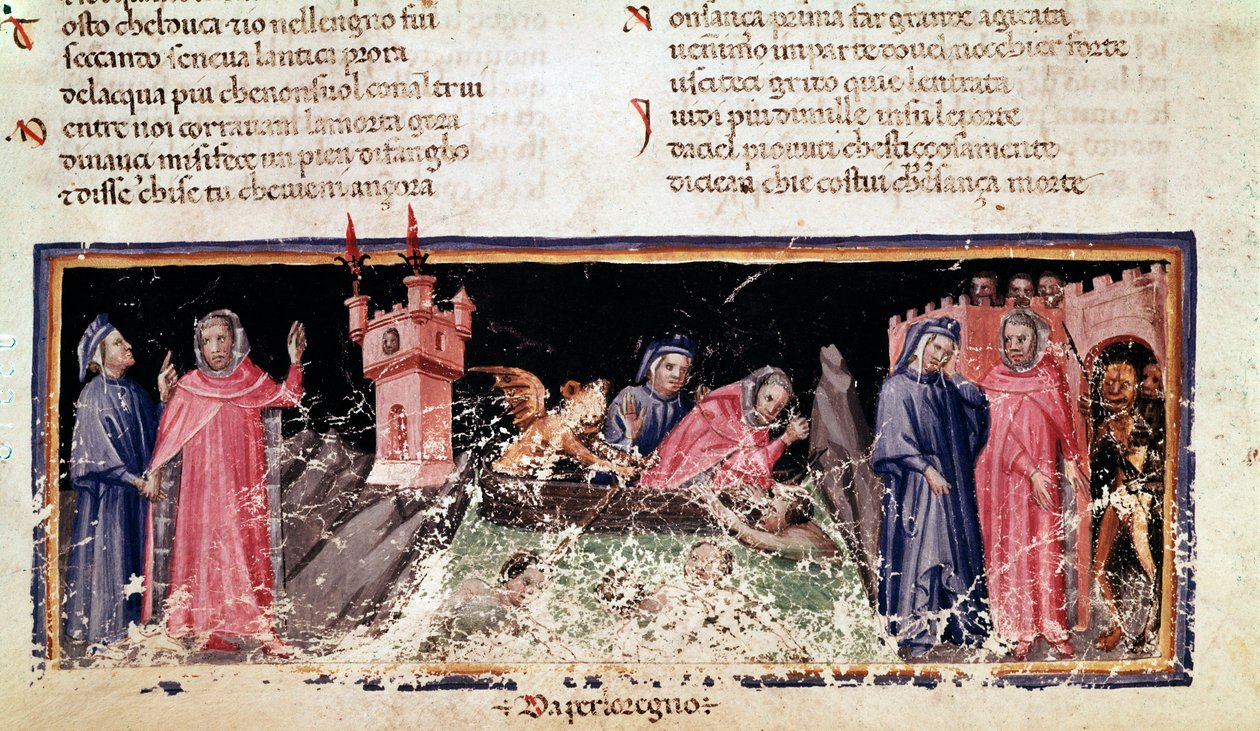 A la izquierda, Dante y Virgilio están en la orilla del río Estigia, la orilla lúgubre de Aqueronte. En el centro, Caronte transporta a Dante y Virgilio, que parecen muy alarmados (canto 3 del Infierno, en la Divina Comedia) - miniatura de Unknown artist
