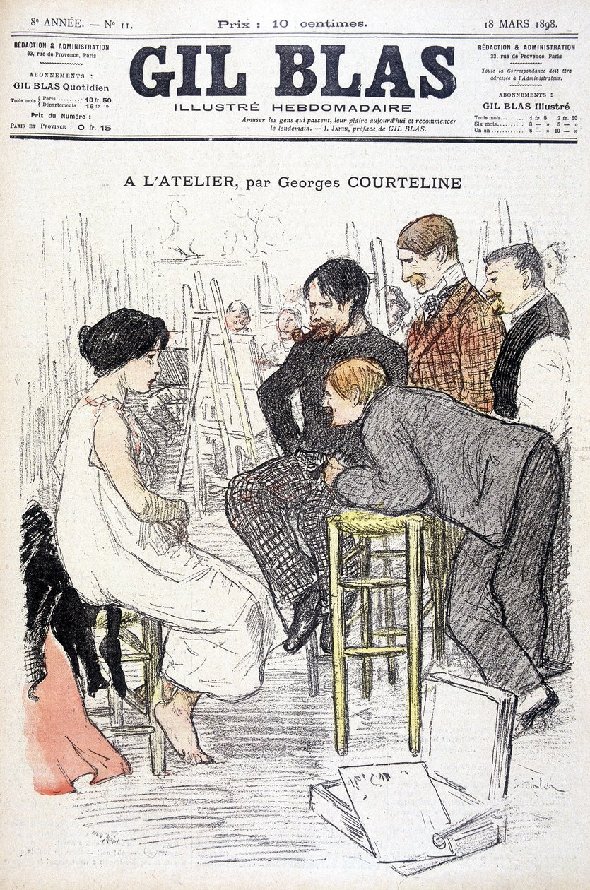 En el taller por Georges Courteline. Hombre observando a una mujer posando en un taller. En “Gil Blas”, el 18/03/1898 de Unknown artist