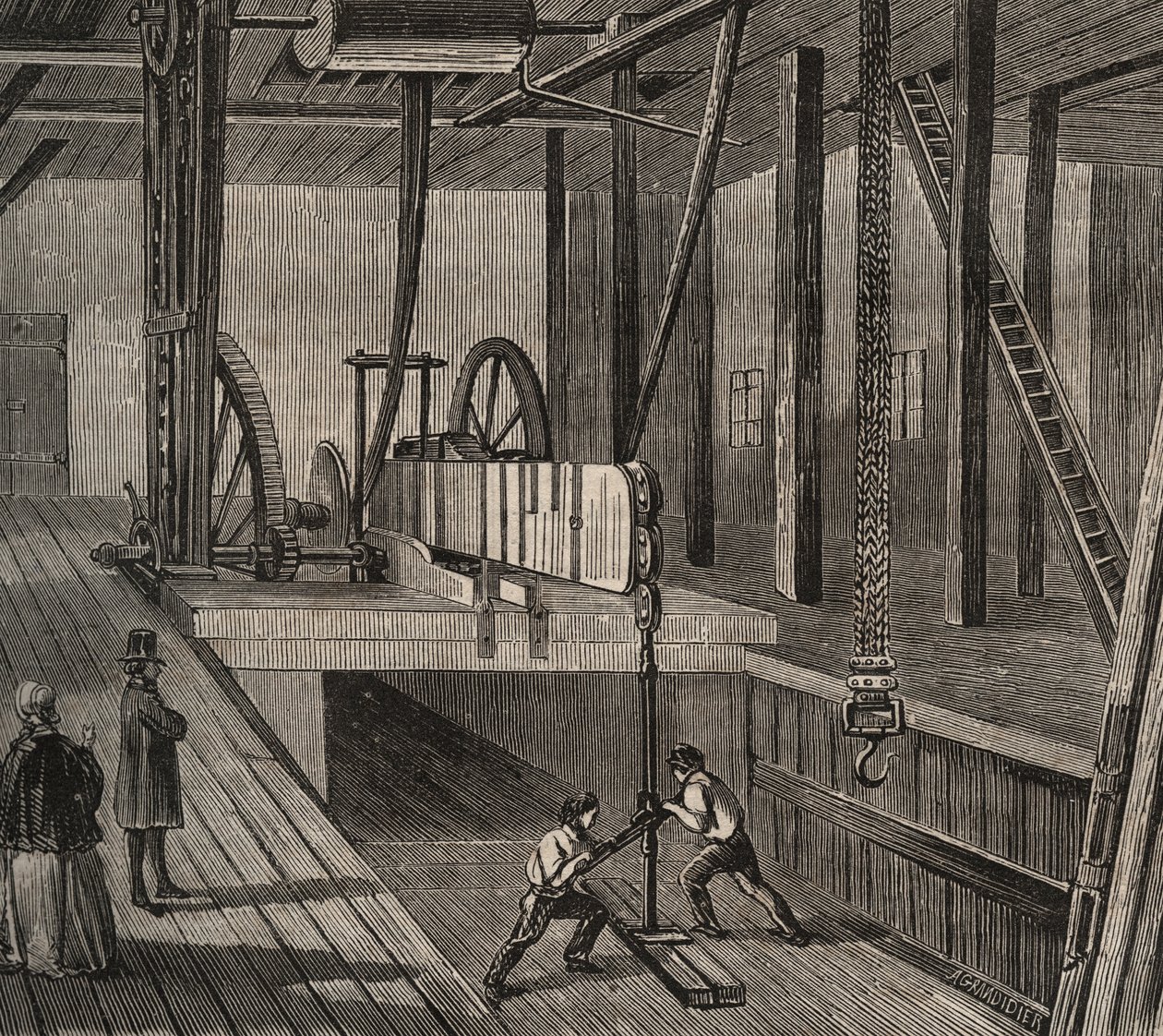 Taller de perforación del pozo artesiano de Passy. Grabado de 1856 en "Le Musée Des Sciences". de Unknown artist