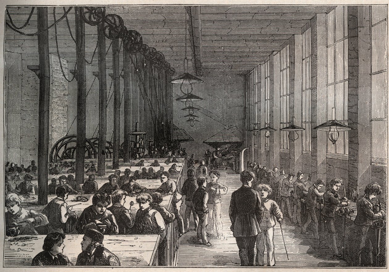 Atelier du fer - Escuela municipal de aprendices del boulevard de la Villette en París en 1875 - grabado de Unknown artist