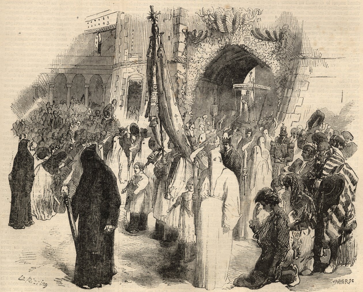 Procesión de expiación por el cese de la fiebre amarilla en Lisboa, Portugal en 1857. Grabado en “Le Monde illustrious” de 1857. Colección privada. de Unknown artist