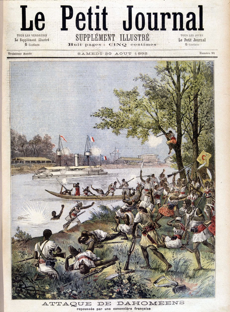 Ataque de los Dahomeyanos repelido por una cañonera francesa - en "Le Petit Journal" del 20/08/1892 de Unknown artist