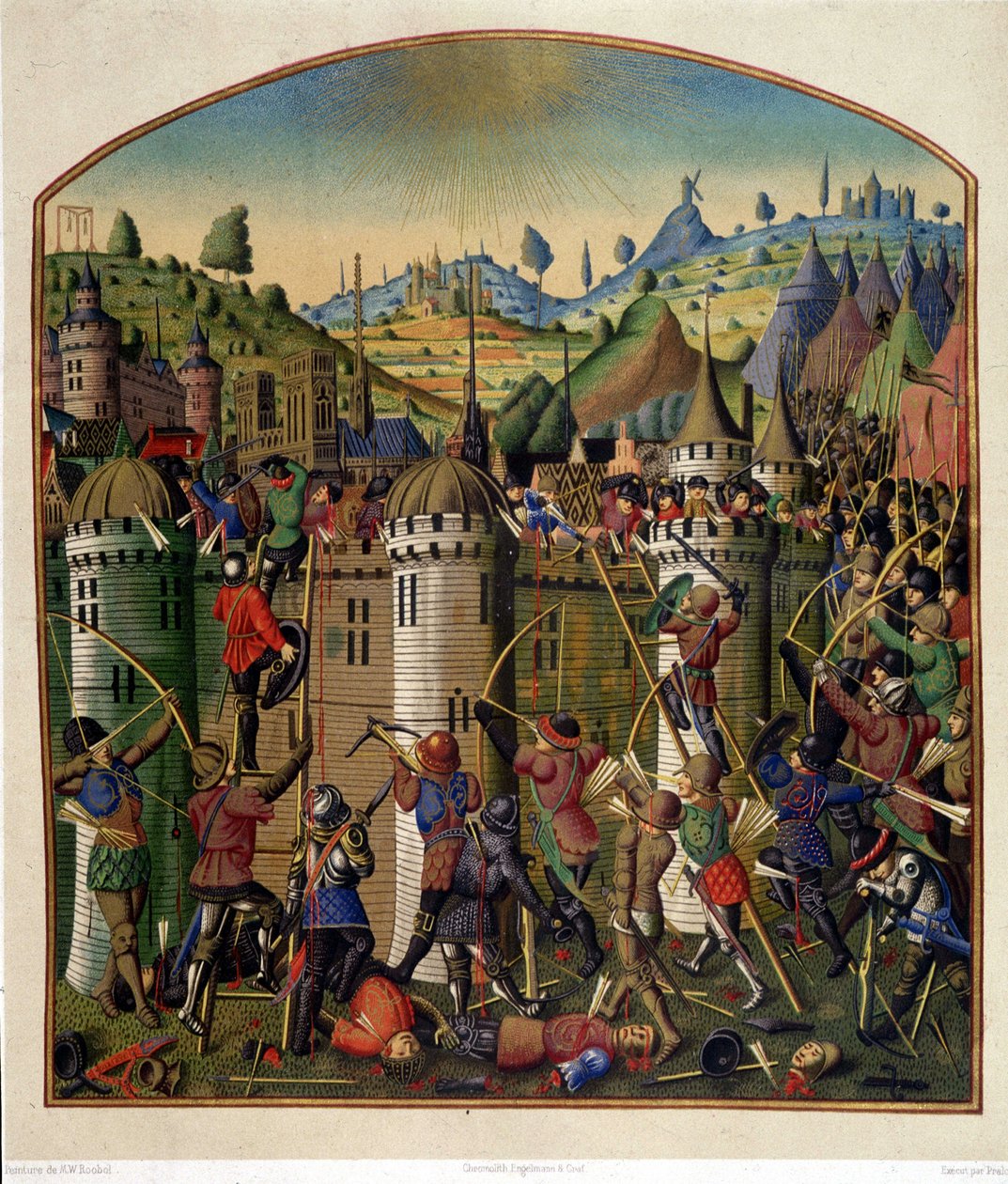 Ataque al castillo de Felipe Augusto con vista de París y la horca de Montfaucon durante la guerra de los 100 años, mediados del siglo XV de Unknown artist