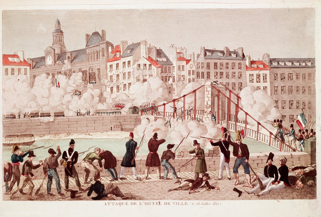 Ataque al Ayuntamiento de París y la batalla del puente de Arcola, 28 de julio de 1830 (grabado) de Unknown artist