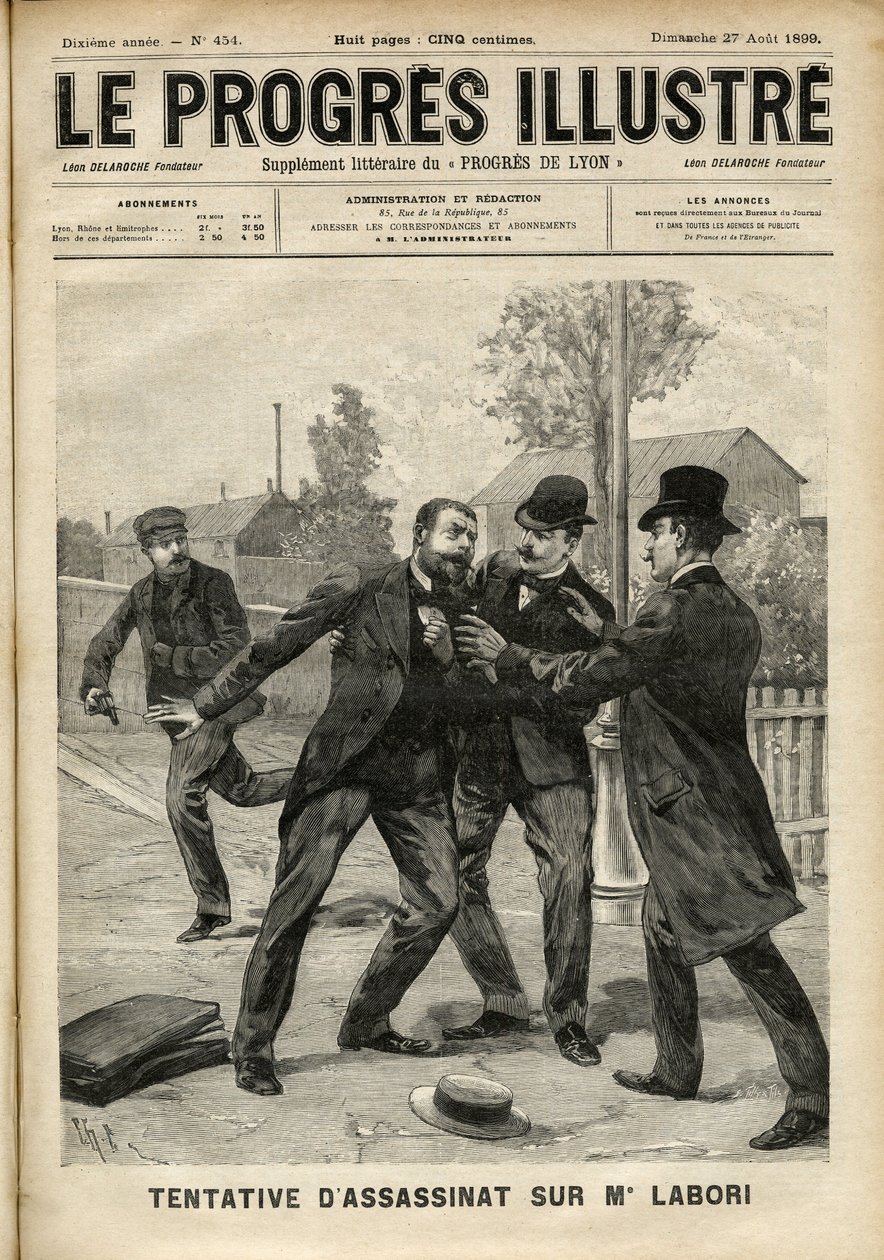 Ataque a Fernand Labori (1860-1917), abogado defensor de Alfred Dreyfus (1859-1935), herido de bala en la espalda en Rennes mientras se dirigía al lugar donde se juzgaba el caso. Portada de “The Progres Illustré” de agosto de 1899 (grabado) de Unknown artist