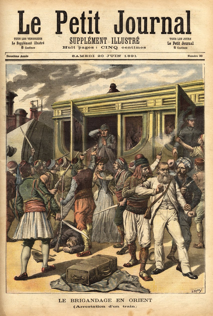 Ataque a un tren por ladrones en las cercanías de Cherkessklui, después de organizar el descarrilamiento del convoy, Athanos y sus ladrones capturan a los pasajeros para intercambiarlos por un rencor. Grabado en “Le petit journal” 20/06/1891. Colección Sel de Unknown artist