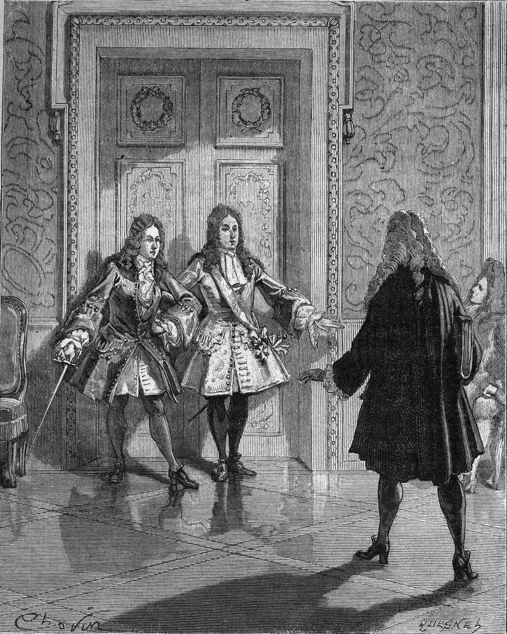 Agosto de 1718: Saint Simon (Saint-Simon) (Louis de Rouvroy, Duque de) (1675-1755) bloqueando el paso al Duque de Maine (Louis Auguste (Louis-Auguste) de Borbón) (1670-1736). Grabado del siglo XIX. En “Historia de Francia” por Jules Michelet de Unknown artist