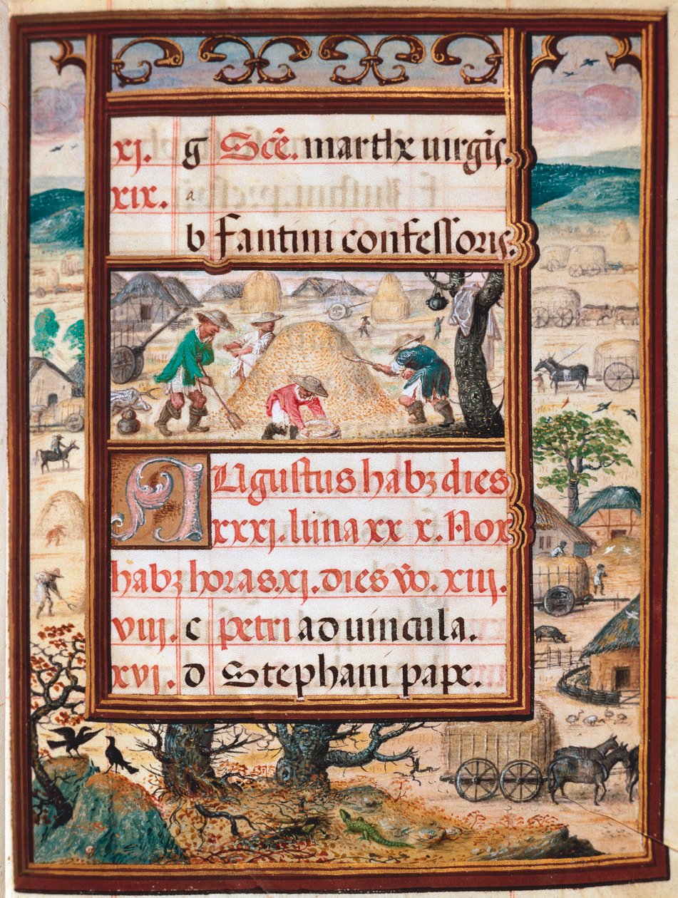 Agosto. Campesinos trabajando. Página del manuscrito 