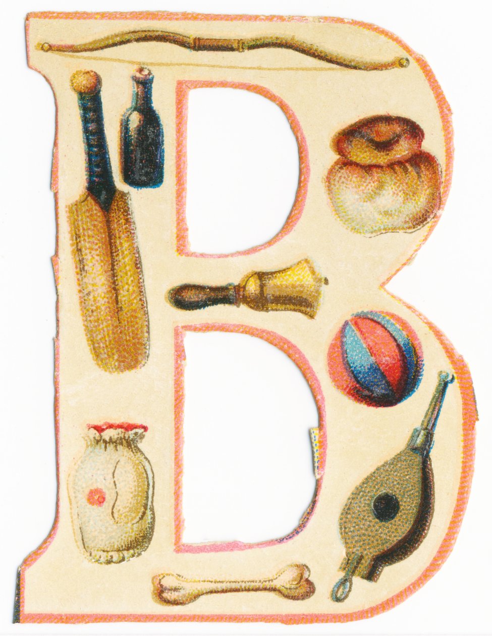 B: arco, bate de béisbol, botella, brioche, campana, globo, hueso, bolsa, fuelle de Unknown artist