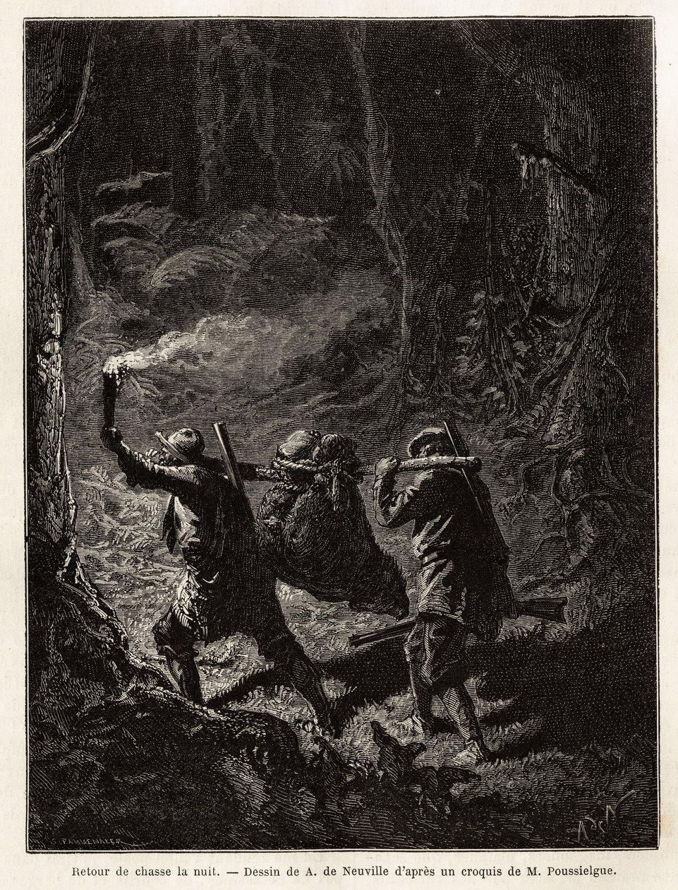 De regreso de la caza por la noche, la presa, un oso, está atada y suspendida de una rama que los cazadores llevan al hombro. Grabado para ilustrar la historia Quatre mois en Florida, por M. Pousselgue, en 1851-1852, publicado en “le tour du monde”, bajo l de Unknown artist