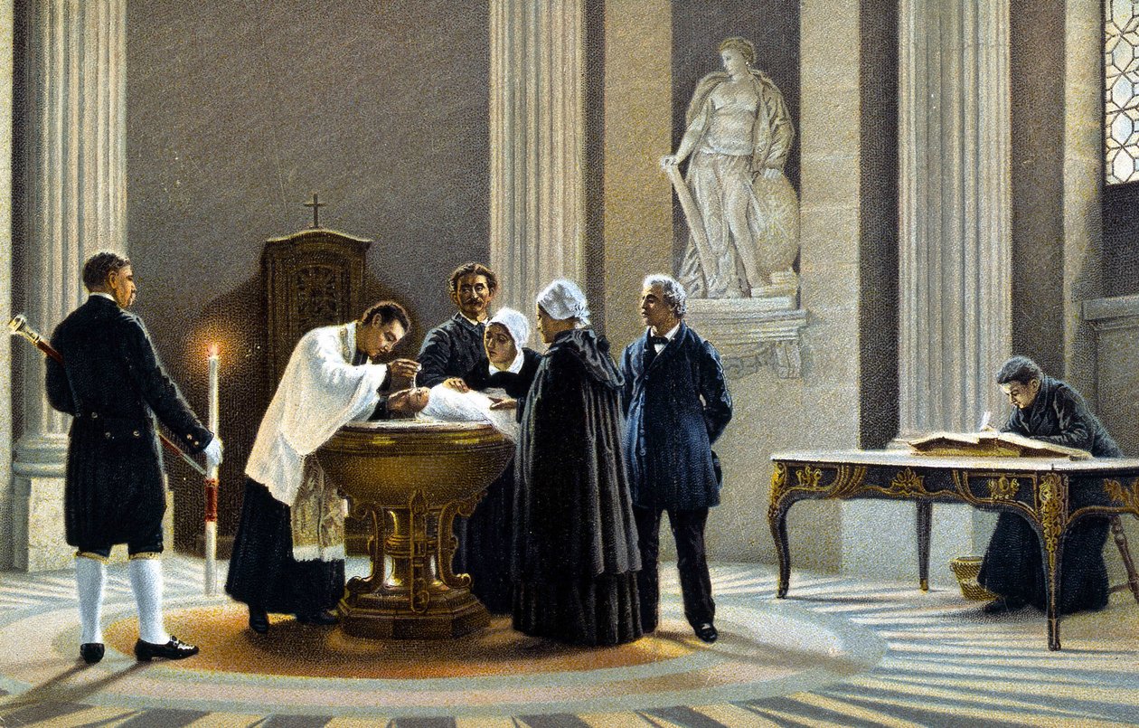Bautizo de un bebé en una iglesia. Cromolitografía del siglo XIX de Unknown artist