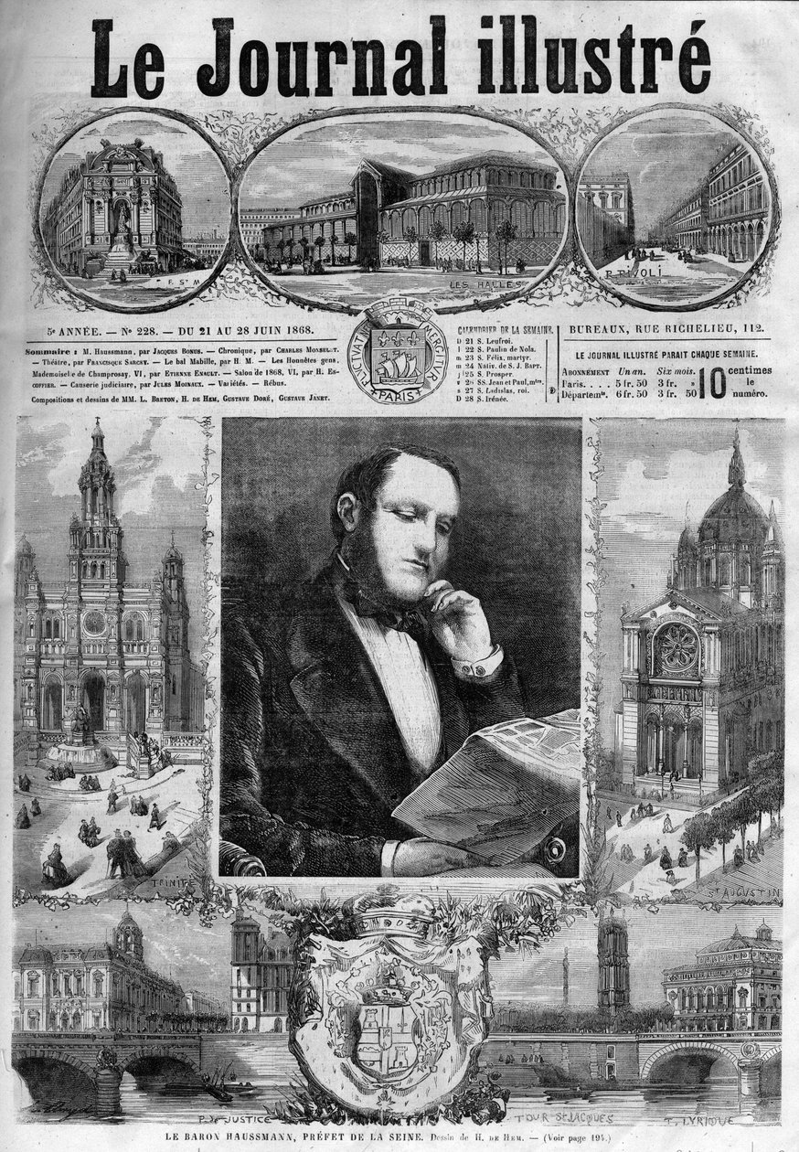 Barón Georges Eugene Haussmann, prefecto del Sena en 1868 - portada del “Journal Illustre” de 1868 de Unknown artist