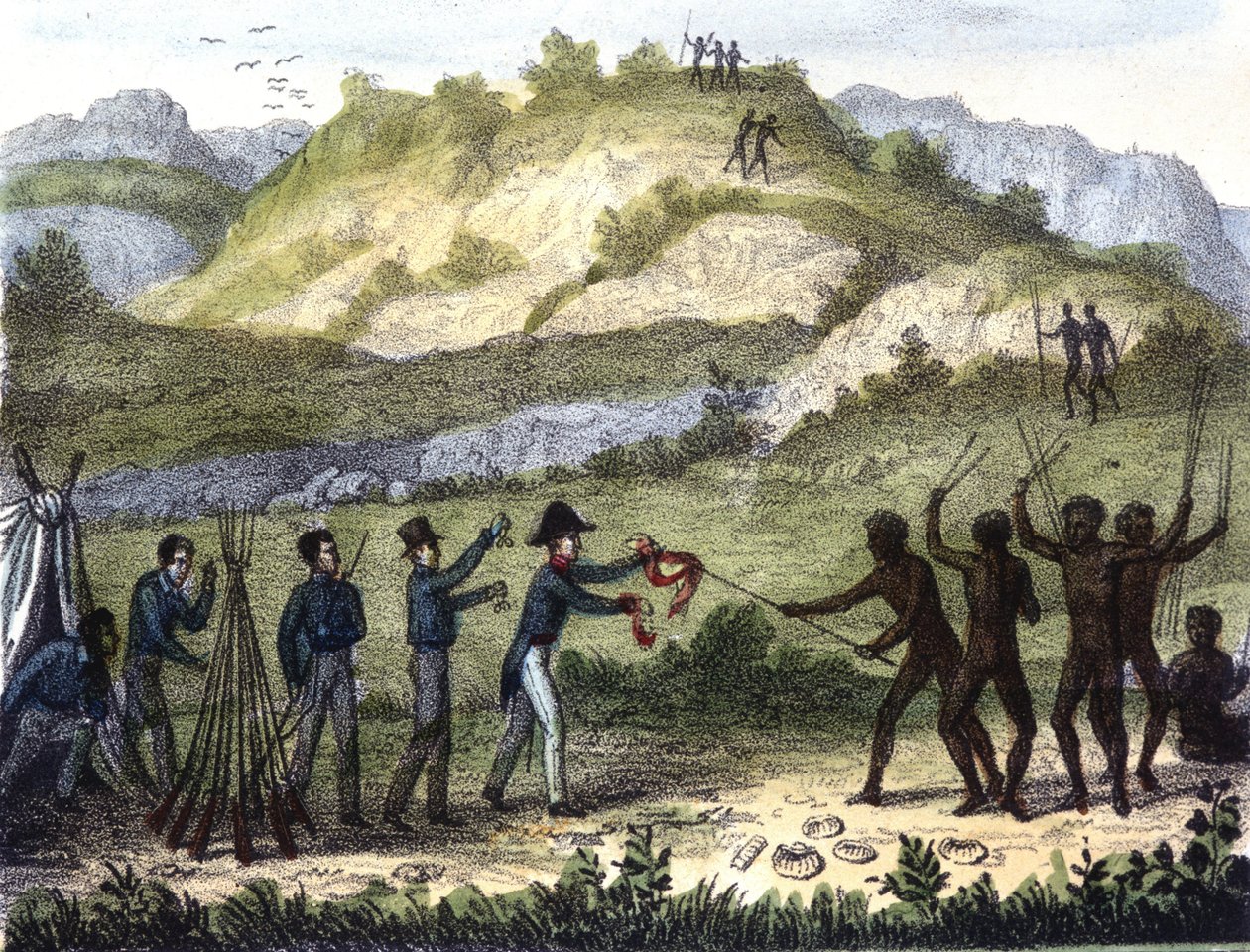 Escena de trueque entre los nativos y los occidentales de Unknown artist