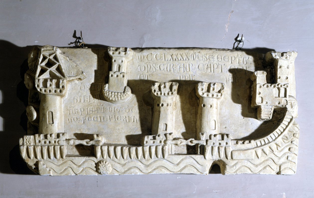 Bajorrelieve que representa el antiguo puerto de Pisa. Se notan las cadenas que bloquean el acceso al puerto, tomadas por Génova como trofeo después de la Batalla de Meloria contra Córcega. Génova, Museo Naval de Pegli. 1290 de Unknown artist