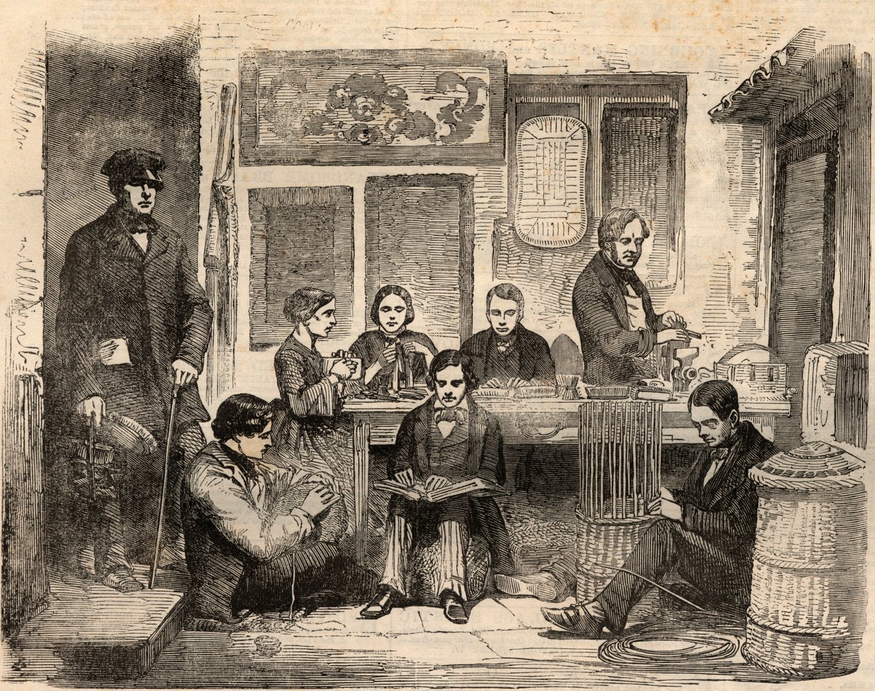Taller de cestería y lectura para ciegos ubicado en Euston Road en Londres y organizado por la Asociación para Promover el Bienestar General de los Ciegos, una asociación para ayudar a los ciegos a encontrar trabajo. Grabado en “The Illustrated London News de Unknown artist