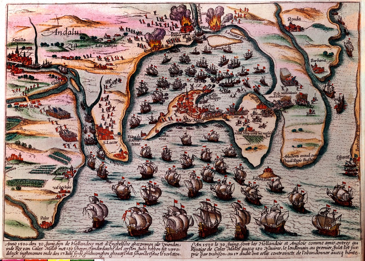 Plano de batalla de Cales Males (España) el 30 de junio de 1596. La flota del ejército holandés e inglés entra como amigos en Cales Males con 180 barcos. Al día siguiente, 1 de julio, sorprendidos por traición, tuvieron que abandonar la ciudad con vergüenz de Unknown artist