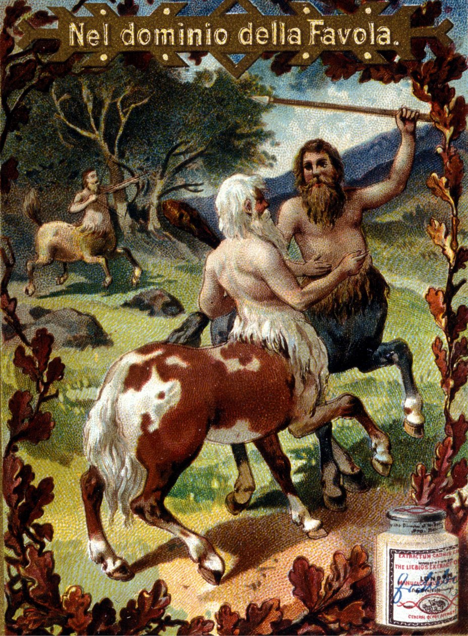 Batalla entre centauros. Viñeta publicitaria. Cromolitografía de finales del siglo XIX de Unknown artist