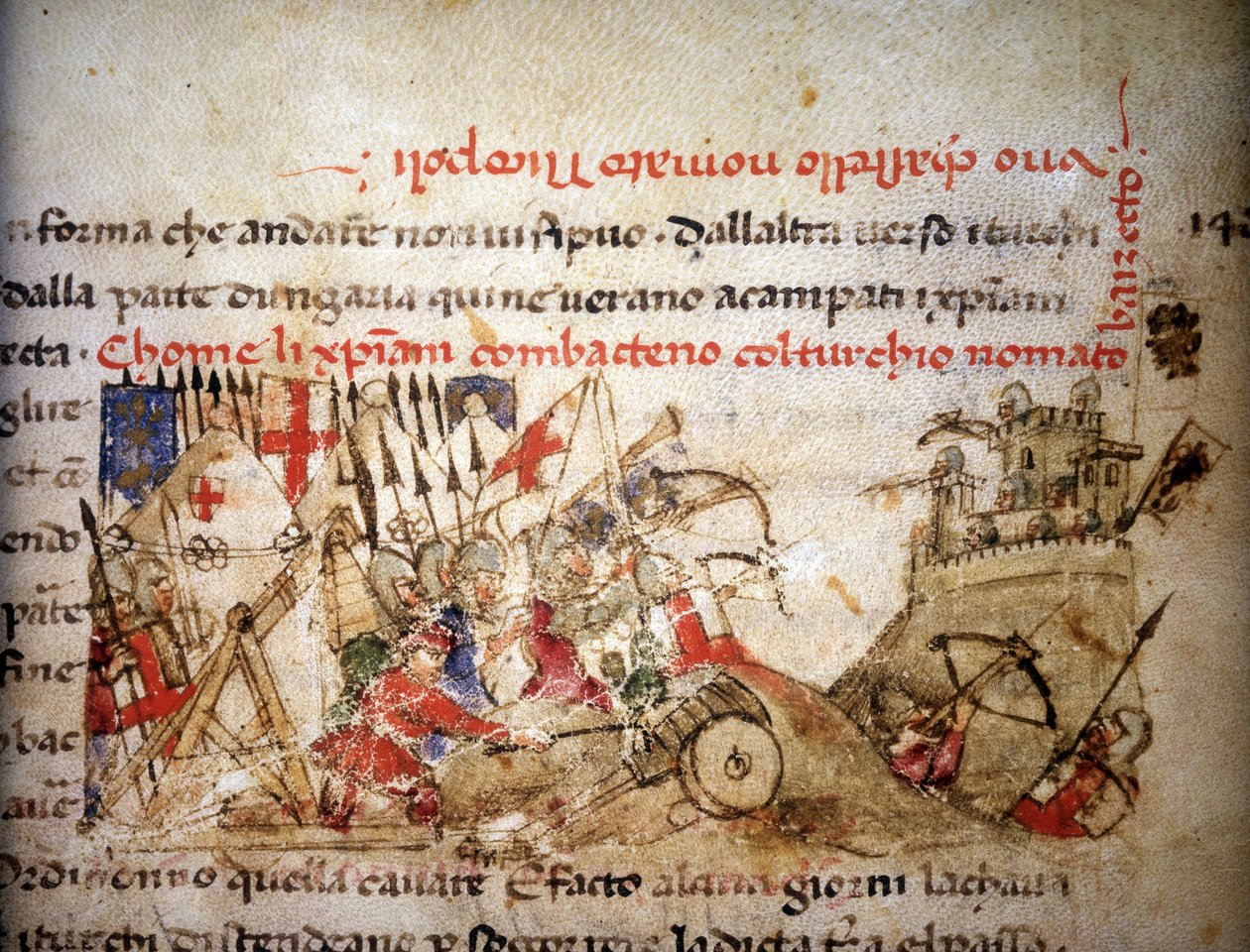 Batalla de Nicópolis: derrota de los cristianos por Bayazid I (Turquía), el 28/09/1396 - en “Crónicas del Sercambi”, circa 1400. Archivo Nacional, Lucca. de Unknown artist