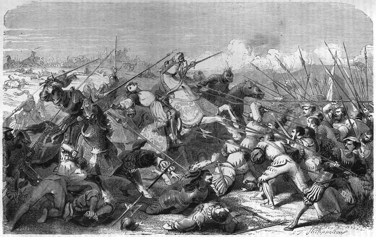 Batalla de Rávena (Italia), muerte de Gastón de Foix, duque de Nemours (1489-1512) el 11 de abril de 1512. Grabado del siglo XIX. de Unknown artist