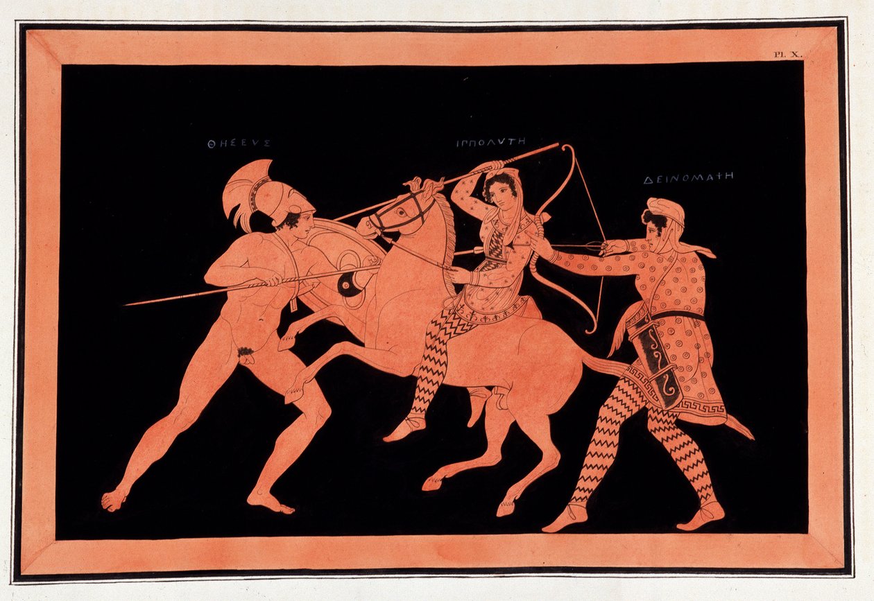 Batalla de las Amazonas Hipólita y Deinomache contra Teseo - "Pinturas de vasos antiguos, comúnmente llamados etruscos", de varias colecciones y grabado por A. Clener, acompañado de explicaciones por A.L. Millen. Por Dubois-Maisonneuve. Biblioteca de Maiso de Unknown artist