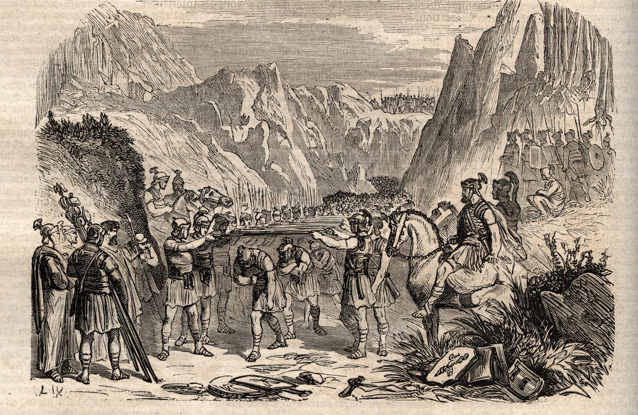 Batalla de las Horcas Caudinas - Batalla de las Horcas Caudinas (Furculae Caudinae) - 321 a.C. entre los romanos y los samnitas durante la Segunda Guerra Samnita - Segunda Guerra Samnita, Batalla de las Horcas Caudinas en 321 a.C., el brazo romano de los c de Unknown artist